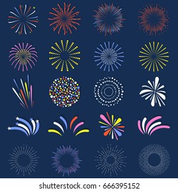 Set of isolated fireworks. Brightly, colorful and monochrome celebration firework balls. Vector