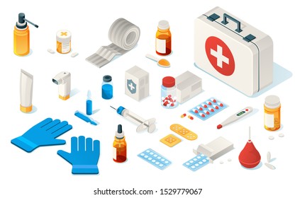 Set of isolated first aid kid tools or items of medical emergency box. Isometric icon for doctor, hospital and clinic. Enema, thermometer, drug, pills, plaster, bandage, gloves, syringe, Healthcare