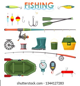 Set of isolated fisherman items or equipment, accessory icons. Fish tackle and hook, rod and float, lure and bait, boots and bucket, rubber boat and weighter, swiss knife. Fishing and sport angler