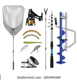 Set of isolated fishing equipment realistic icons with jigs net and rods on blank background vector illustration