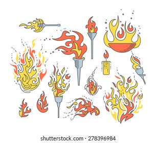 Set of isolated flame vector objects, cartoon linear fire symbols. 