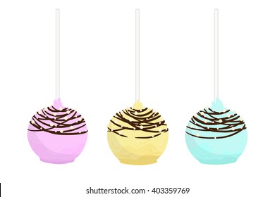 Set of isolated flat cake pop. Cupcakes round shape on a stick. Hand drawn vector illustration.
