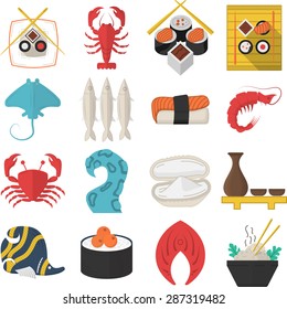 Set of isolated flat color style vector icons for asian and seafood menu on white background. 