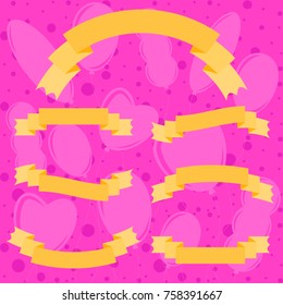 Set of isolated flat colored ribbon banners. On a pink background with silhouettes of balloons. Suitable for design