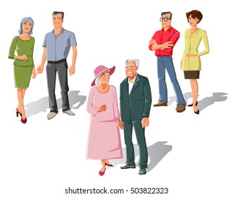 Set of isolated flat family characters with three old married couples in cartoon style with shadows vector illustration