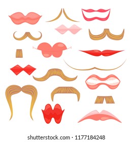 Set with Isolated Flat Icons of Moustaches and Lips with Highlights and Hair Texture Strokes. Vector EPS 10 Illustration.