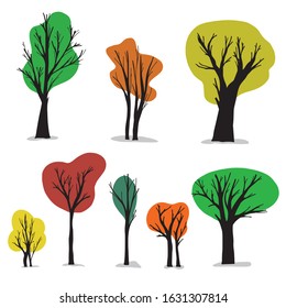 Set of isolated flat trees and colorful leaves on a white background. Hand drawn vector illustrations. Nature concept.