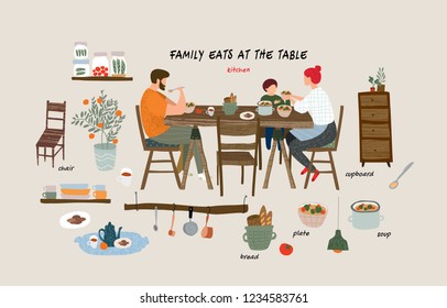 set of isolated flat vector elements: happy family eating breakfast, lunch or dinner at the table at home in the kitchen and interior objects and furniture in the living room in the apartment