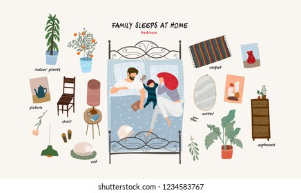 set of isolated flat vector illustrations of sleeping happy family with a child at home in bed and objects of interior and furniture in a bedroom in an apartment