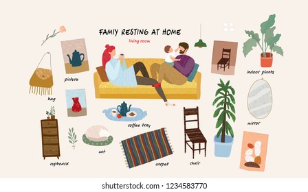 Set of isolated  flat vector illustrations of a happy family with a child at home and interior objects and furniture in the living room in an apartment