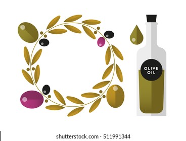 Set of isolated flat vector olives and olive oil bottle with gradient