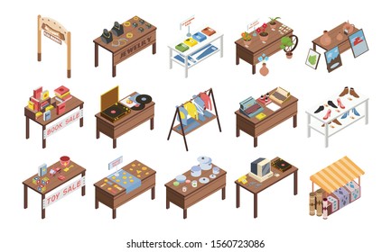 Set of isolated flea market garage isometric images with wooden tables and stalls with various goods vector illustration