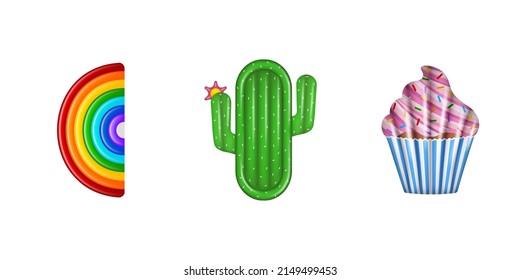 set of isolated floating mattresses.  Pool inflatables in the shape of rainbow, cactus and cupcake