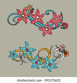 A set with isolated floral decorative elements in the form of the  blooming flowers, leaves and branches for design a wedding or other decoration. Abstract decorative pattern. Floral ornament. Vector