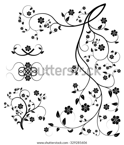 Set of isolated floral\
decorative elements  for design: illustration of flowers and leaves\
on branches.
