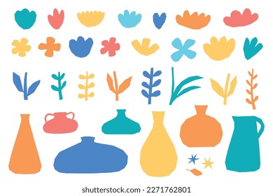 Set of isolated floral elements and vases for posters, prints, greeting cards, Matisse inspired wallpaper and floral wall art. Cut out flowers, leaves and vases isolated on white background. EPS 10