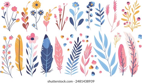 Set of isolated floral illustration with flowers, branches, berries, feathers, leaves and cute elements in simple plain graphic style on transparent background. Pastel colorful color tone.