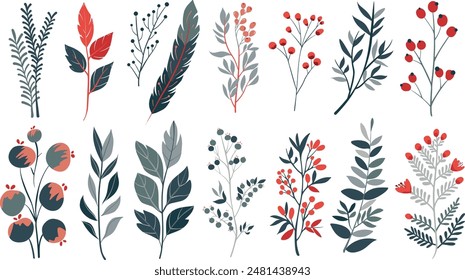 Set of isolated floral illustration with flowers, branches, berries, feathers, leaves and cute elements in simple plain graphic style on transparent background. Green and red color tones.