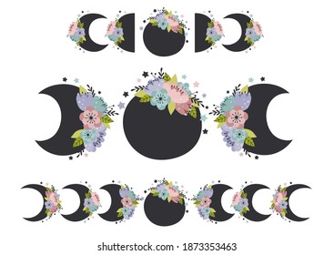 
set of isolated floral moon phases 