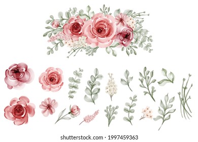 set of isolated flower leaves floral watercolor