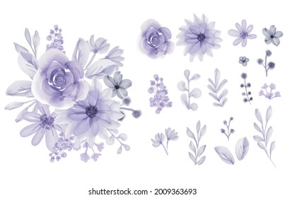 Conjunto de hojas de flores aisladas flor color morado suave