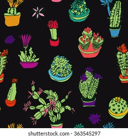 Set of isolated flowering cactus.  Hand drawn seamless colorful pattern on dark background.