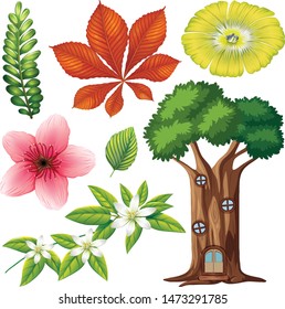 conjunto de flores aisladas e ilustración de árboles