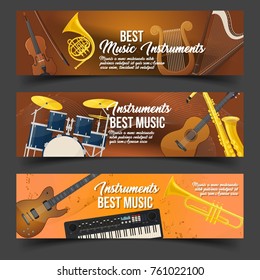 Set of isolated flyers or banners with brass and string musical instruments for rock and pop. Violin with fiddlestick and trumpet, drums and harp, lyre and keyboard. Song and audio, sound theme