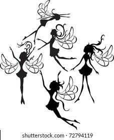 Set of isolated flying fairies dancing with light wings on a white background. Group fairies create a sense of air movement. For fairy tale designs.