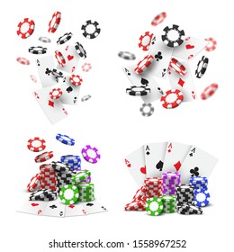 Set of isolated flying poker chips and aces cards. 3d heap or realistic stack, pile or tower of plastic casino money, Icons or poster for online gambiling, betting site. Entertainment and luck, winner