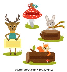 set of isolated forest animal with frame for your text part 2 - vector illustration, eps
