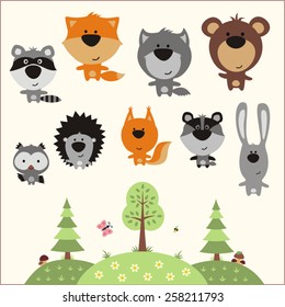 Set of isolated forest animals in cartoon style.