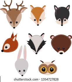 set of isolated forest animals head - vector illustration, eps