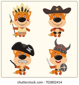Set isolated fox in cartoon style in costume of viking, american indian, cowboy and pirate.
