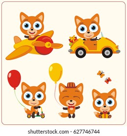 Set isolated fox for holiday design: in airplane, car, with balloons and gifts.
