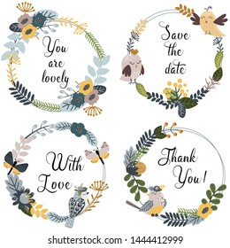 set of isolated frames with birds and flowers - vector illustration, eps