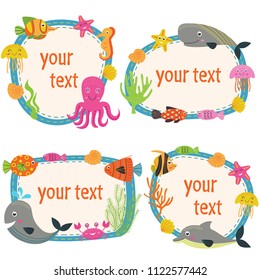 set of isolated frames with marine animals -  vector illustration, eps