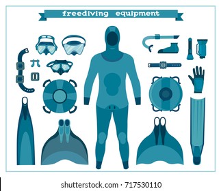 Set of isolated freediving equipment on a white background. Vector illustration. Underwater sport.