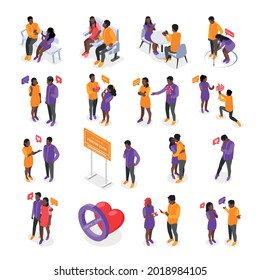 Set of isolated friendzone isometric recolor icons with human characters of rejected lovers and heart bubble vector illustration