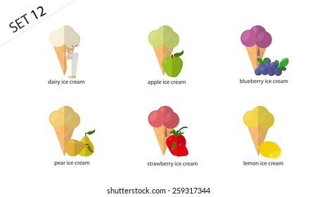 Set of isolated fruit and berry ice-cream: dairy ice cream, pear ice cream, strawberry ice cream, blueberry ice cream, lemon ice cream . Set of 6 types of ice cream.( 6 varieties of ice cream)