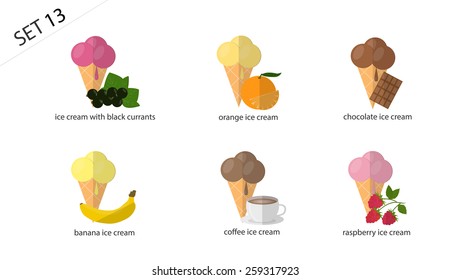 Set of isolated fruit and berry ice-cream: chocolate ice cream, coffee ice cream, raspberry ice cream, orange ice cream, banana ice cream. Set of 6 types of ice cream.( 6 varieties of ice cream)