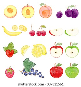 set of isolated fruits and berries on white background, vector illustration