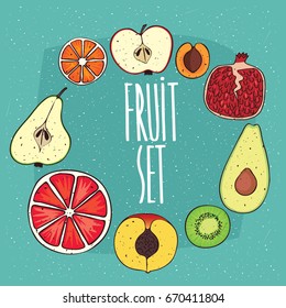 Set isolated fruits in cross sections  apple  apricot  pomegranate  avocado  kiwi  peach  grapefruit  pear  orange  Realistic hand draw style  Lettering Fruit set  Vector illustration