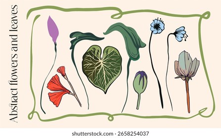 Set of isolated, fully editable abstract flowers, leaves, blades of grass with outline in frame. Botanical digital illustration in modern flat style for weddings, birthdays, branding