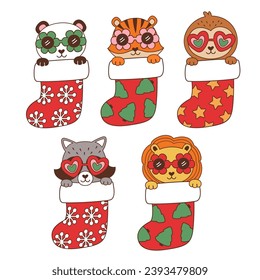 
set of isolated funny animals in Christmas socks 