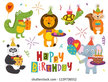 set of isolated funny animals for Happy Birthday design part 2 - vector illustration, eps