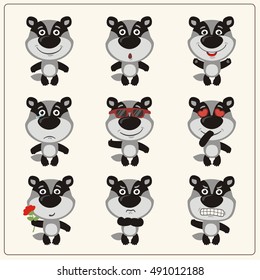 Set of isolated funny badger in different emotions in cartoon style.