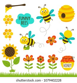 set of isolated funny bees and icons - vector illustration, eps
