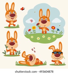 Set of isolated funny bunny rabbit in different poses on summer meadow with flowers in cartoon style. 