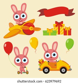 Set isolated funny bunny rabbit in cartoon style for holiday design with balloons and gifts.